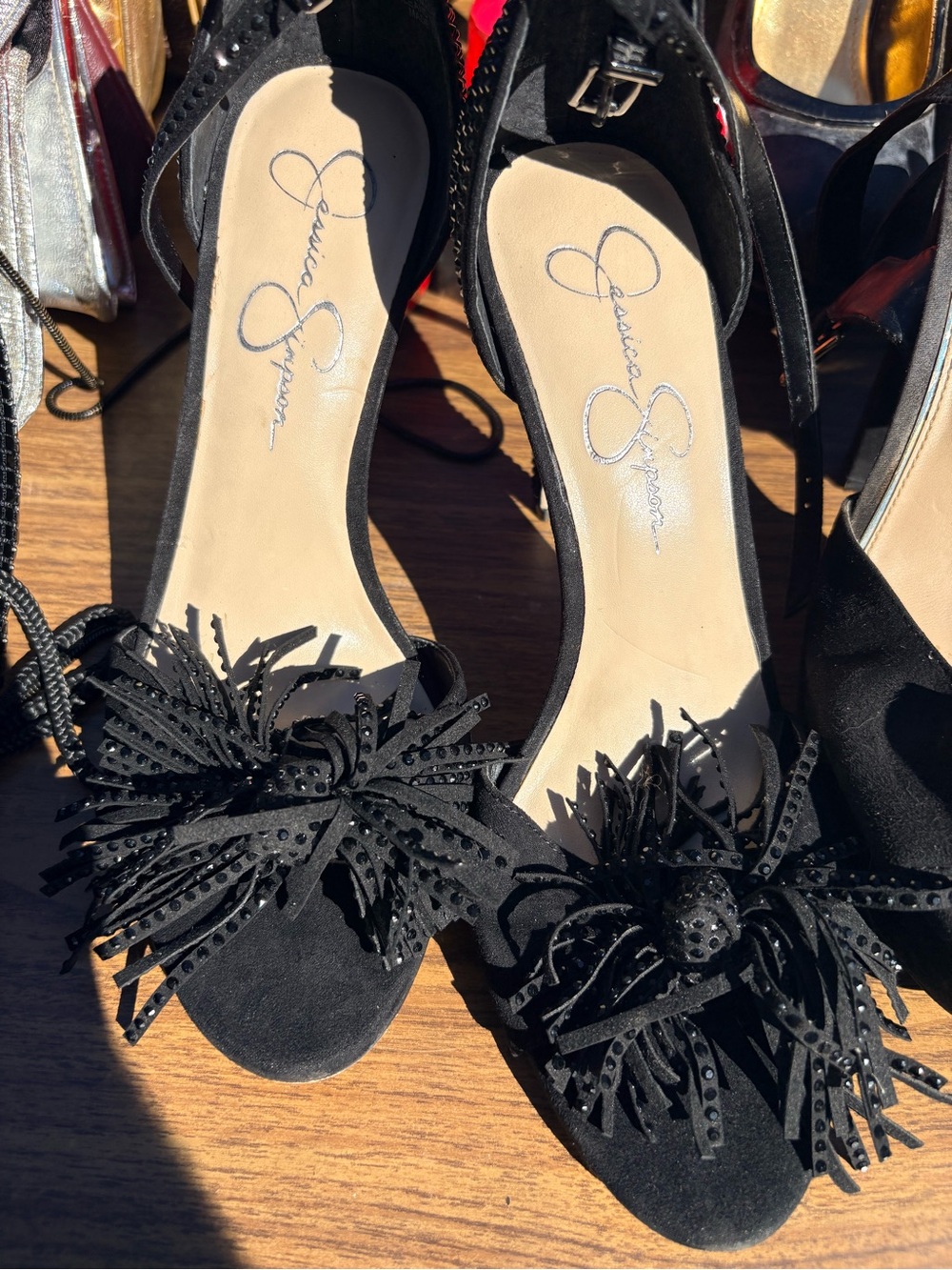 Jessica Simpson Black Suede Floral Applique Ankle Strap Heels Size 9